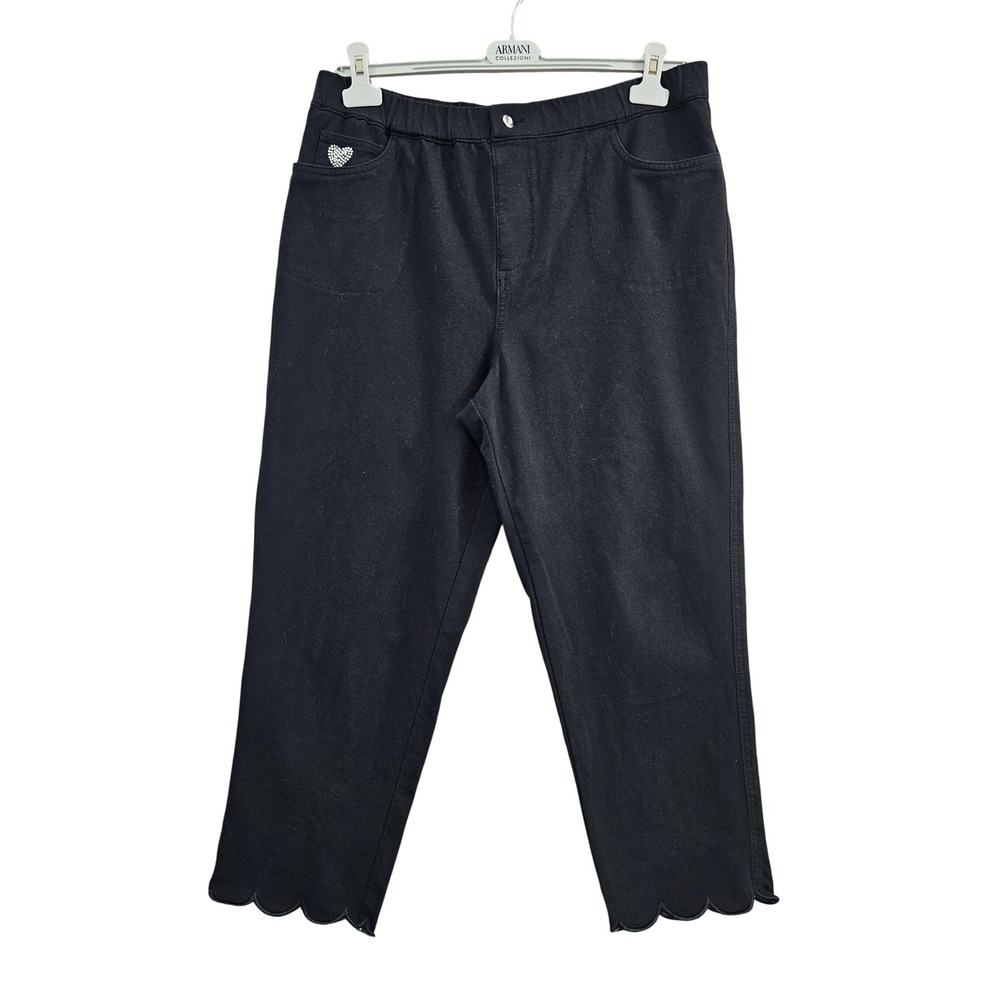 Quacker Factory DreamJeannes Pants Women L Short Black Solid Scallop Hem Stretch
